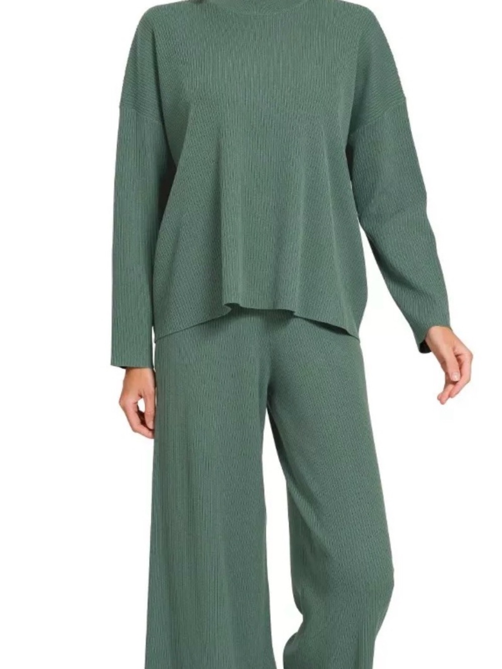 TODAY Only!  Zenana Raised Rib Mock Neck Long Sleeve Tee & Pants 2PC Set - Teal